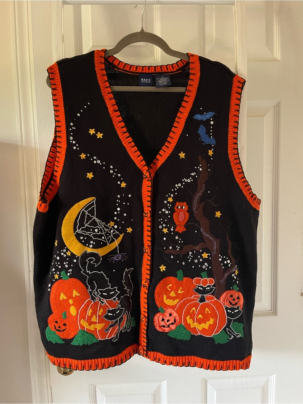 VTG Basic Editions Halloween Sweater Vest 2X Black Cat Pumpkin Crescent Moon